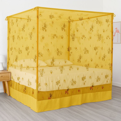 Mehon Craft Mosquito Net Bed PGON Premium Elegant Flower Printed Design (Size-6x7) Cotton Washable Adults Mosquito Net(Yellow, Bed Box)