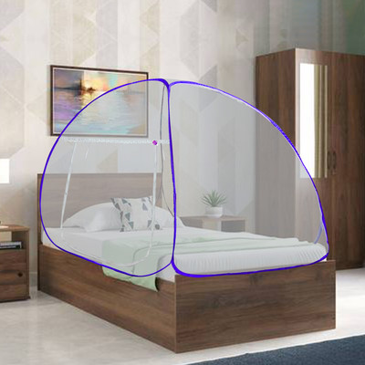 SILVER SHINE Polyester Adults Washable Polyester Foldable for Adult Single Bed White Color and Blue Patti Mosquito Net Mosquito Net(White, Tent)