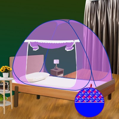 SILVER SHINE Polyester Adults Washable Washable Single Bed Purple Color and Blue Border Mosquito Net(Purple, Bed Box)