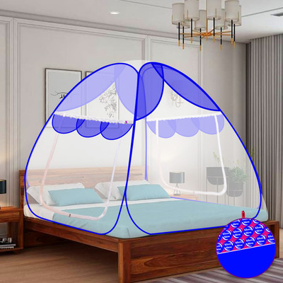 SILVER SHINE Polyester Adults Washable Polyester Adults Washable Primium border Foldable for Double Bed Mosquito Net Mosquito Net(Blue, Tent)