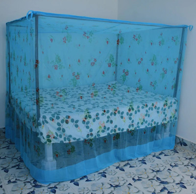 Samir Dresses Cotton Adults Washable 7x8ft XXL Size Bed Blue Rose Printed Heavy Quality Polyester Soft Mosquito Net(Blue, Bed Box)