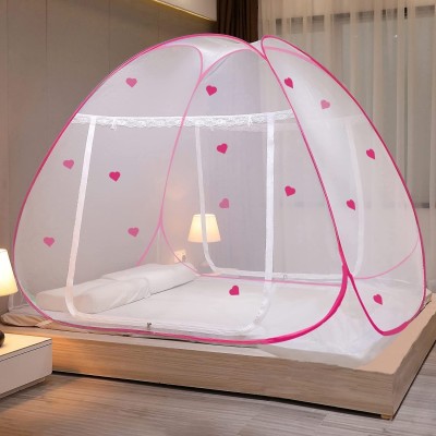 Evafly Polyester Adults Washable Heart design (limited edition)|Double Bed & King Size Foldable Machardani Mosquito Net(Pink Heart, Tent)