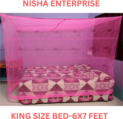 nisha enterprise Cotton Printed Zig-Zag Design King Size(6X7ft) Bed Box Mosqito Net Cotton Washable Adults Mosquito Net(Pink, Bed Box)
