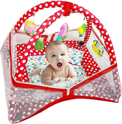 Akash International Unisex Baby Bedding Set Play Gym with Mosquito Net Cum Sleeping Bed (Dot Red) Polyester Washable Kids Mosquito Net(Red, Bed Box)