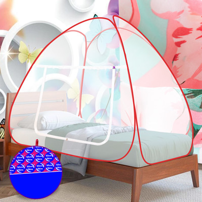 SILVER SHINE Polyester Adults Washable Mosquito Net Polyester Foldable Single Bed For Adult White Color and Red Patti Mosquito Net(Red Patti, Tent)