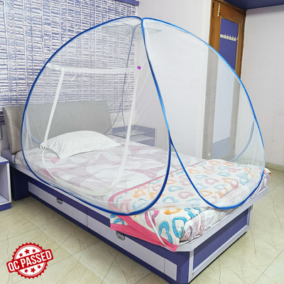 SILVER SHINE Polyester Adults Washable Single Bed White Color and Blue Border polyster Mosquito Net Mosquito Net(SkyBlue, White, Tent)