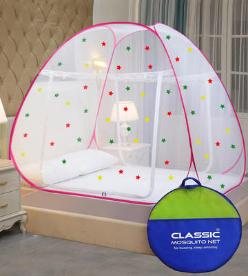 Classic Mosquito Net Polyester Adults Washable Foldable For (LBH-200x200x145 cms)King Size & Double Bed Mosquito Net(Pink Border, Tent)