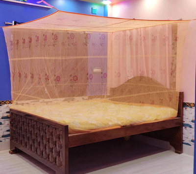 SBE Mosquito Net For Queen Size Bed Machardani PGON Polycotton Net (Size 6x7-ft) HDPE - High Density Poly Ethylene Washable Adults Mosquito Net(Soft Orange, Bed Box)