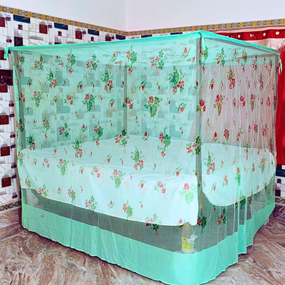 RN ENTERPRISE Polyester Adults Washable Floral Design with Stylish Bottom Mosquito Net(Green, Bed Box)
