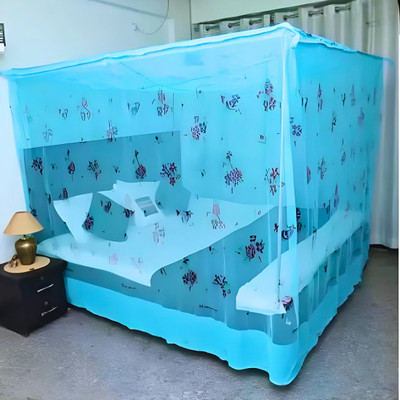 SR ENTERPRISE HDPE - High Density Poly Ethylene Adults Washable Premium Flower Printed Foldable Blue Color Double Bed (6x7 ft) Mosquito Net(Blue, Bed Box)
