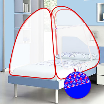 SILVER SHINE Polyester Adults Washable Polyester Foldable for Single Bed mosquito Net Mosquito Net(White-Red, Tent)