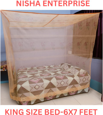 nisha enterprise Cotton Printed Zig-Zag Design King Size(6X7ft) Bed Box Mosqito Net Cotton Washable Adults Mosquito Net(Orange, Bed Box)