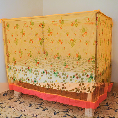 RN ENTERPRISE Polyester Adults Washable Elegant Flower-Printed with Designing Bottom Mosquito Net(Yellow, Bed Box)