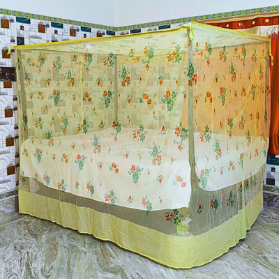 SM Enterprise Cotton Adults Washable Floral Design with Stylish Bottom Mosquito Net(Yellow, Bed Box)