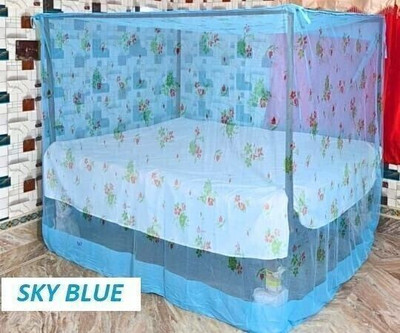 AasthaNet Double Bed Flower Print Sky Blue (6x7) HDPE - High Density Poly Ethylene Washable Adults Mosquito Net(Sky Blue, Bed Box)