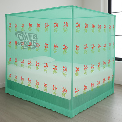 CoverCraze Elegant flower printed double bed 6x7/7x6 machhardani tent/frame hung/hanging Cotton Washable Adults Mosquito Net(Mint Green, Bed Box)