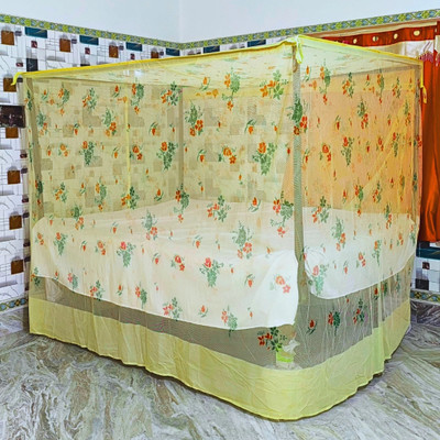 RN ENTERPRISE Polyester Adults Washable Elegant Flower Print Design with Designing Bottom Mosquito Net(Yellow, Bed Box)