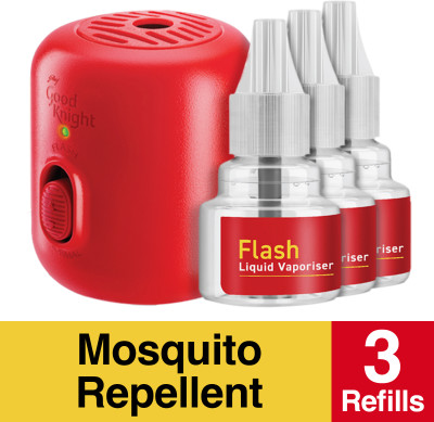 Good Knight Gold Flash Repellent Combo - Machine + Refills, Liquid Mosquito Vaporiser(1 Unit 3 Refill)