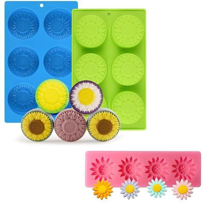 hussaini mart Silicone Chocolate Mould Skytail 6 Cavity Round Sunflower & 4 Cavity Daisy Flower Cylinder Silicone Mould for Hot Chocolate Bomb Candy Mini Cakes Cookie Cupcake Muffin Cake Puck Jelly Gummy Soap Lotion Bar Candle Wax Resin Making Mold(Pack of 2)