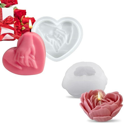 Husaini Mart Silicone Fondant & Gum paste Mould Skytail 2pc Silicone 3D Flower Heart & Holding Hands Candle Mold Rose Heart Shape Making Scented Candle Wax Melts Home Decoration Candles Resin Casting Mold Handmade Valentines Day Couple Gift DIY Soap Mold Chocolate Cake Baking Molds(Pack of 2)