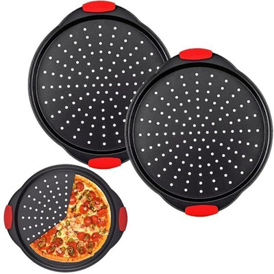 Hussain mart Carbon Steel Fondant & Gum paste Mould Skytail Large Pizza Pan with Handle, Carbon Steel Perforated Pan Non-Stick Tray Tool Round Bakeware Used in Microwave Oven, OTG Perfect for Baking Pizza Bread Baking Tray Baking Tools (Pack of 1)(Pack of 3)