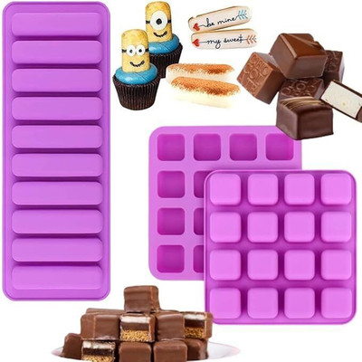 Hussain mart Silicone Chocolate Mould Skytail 16 Slot Square & 10 Slot Ladyfinger Silicone Moulds Baking Chocolate Strips Candy Bar Cheesecake Brownie Caramel Pralines Ganache Truffle Bread Ice Cube Muffin Pudding Jelly Soap Lotion Bar(Pack of 1)