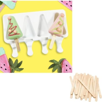 MARHABA TRADERS Silicone Chocolate Mould LEAGCYCART Popsicle Molds Cute Triangle Shape Ice Pop Molds Silicone 4 Cavities Popsicle Moulds for Kids Adults Ice Cream Mold Cake Pop Molds Homemade Popsicle Silicone Molds DIY Popsicle Maker with 25 Sticks(Pack of 1)