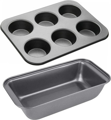 qaaf store Carbon Steel Cupcake/Muffin Mould Loaf pan 1 pcs and cupcake tray of 6 cups 1 pcs combo set of 1(Pack of 2)