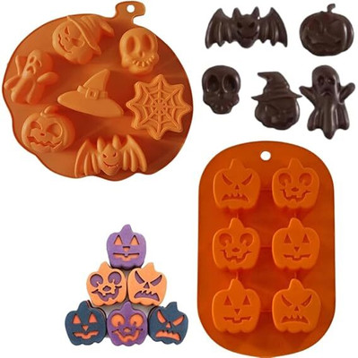Husaini Mart Silicone Fondant & Gum paste Mould HUSAINI MART | 7 and 6 Caviity Halloween Pumpkin Ghost Spiderweb Bat Silicone Mould for Making Chocolate Mousse Cake Pudding Jelly Ice Cube Tray Candy Cookies Dessert Baking Mold (Pack of 2)(Pack of 2)