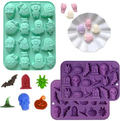 LEGACYCART Silicone Fondant & Gum paste Mould LEGACYCART 16 Cavity Cute Ghost and 18 Caviity Pumpkin Skull Bat Silicone Mould for Making Chocolate Mousse Cake Pudding Jelly Ice Cube Tray Candy Cookies Dessert Baking Mold (Pack of 2)(Pack of 2)