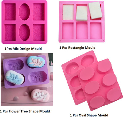 ADMONITION Silicone Cupcake/Muffin Mould Combo of 6 Cavity Mix Design Soap Mould , 6 Cavity Rectangle Soap Mould , 6 Cavity Oval Soap Mould and 4 Cavity Flower Olive Tree Shape SIlicone Moulds(Pack of 4)