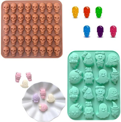 LEGACYCART Silicone Fondant & Gum paste Mould LEGACYCART 16 Cavity Cute Ghost and 40 Caviity Skull Silicone Mould for Making Chocolate Mousse Cake Pudding Jelly Ice Cube Tray Candy Cookies Dessert Baking Mold (Pack of 2)(Pack of 2)