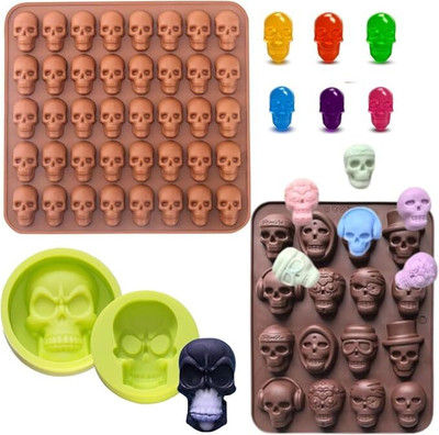 Husaini Mart Silicone Chocolate Mould Skytail 1 Cavity Skull,16 Cavity Skull 40 Cavity Skull Silicone Mould for Halloween Gummy Chocolate, Candy,Jelly, Wax Melt, Dog Treats, Ice Cube (Pack of 2)(Pack of 2)