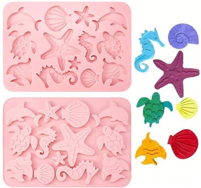 Husaini Mart Silicone Fondant & Gum paste Mould Skytail 13 Cavity Ocean Marine Silicone Fondant Mould Starfish Seashell Turtle Dolphin Seahorse for Baking Chocolate Candy Cake Decoration Cupcake Topper Gummy Jelly Ice Cube Resin Clay Mold(Pack of 1)