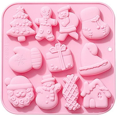 Hussain mart Silicone Cookie/Macroon tray Skytail 11 Slot Christmas Chocolate Mould Snowman, Xmas Tree, Gift Box, Santa Claus, Gingerbread Man Shape Mold for Chocolate Candy Cake Cupcake Decoration Muffin Gummy Jelly Soap Candle Gifts Mold(Pack of 1)
