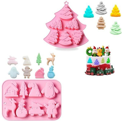 hussaini mart Silicone Cookie/Macroon tray Skytail 8 & 6 Slot Silicone Christmas Molds Xmas Tree Reindeer Snowman Santa Shape for Baking Christmas Chocolate Candy Cake Decoration Cupcake Muffin Jello Party Snacks Treats Candle Wax Melts(Pack of 2)