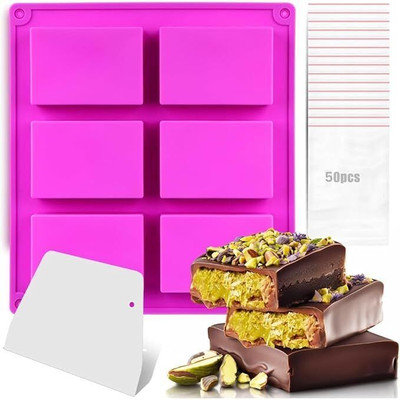 Hussain mart Silicone Chocolate Mould Skytail 6 Slot Silicone Rectangle Chocolate Mold with 1 Scraper & 50 Bags for Homemade Crafts Cake Mould Candy Cheesecake Cupcake Brownie Truffle Muffin Baking Tray Jello Sweet Treats Handmade Soap(Pack of 1)