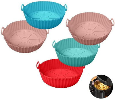 FIZONT MART Air Fryer Liners Round Silicone Basket Baking Tray Pot with Ear Handles-5PCS Airfryer Tray