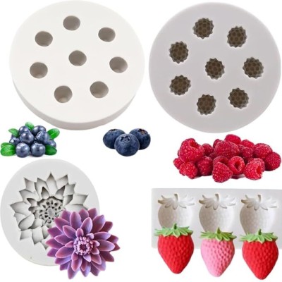 LEGACYCART Silicone Fondant & Gum paste Mould LEGACYCART 4 PCS Blueberry Raspberry Strawberry and Lotus Flower Cake Fondant Molds Sugarcraft Gumpaste Silicone Mold for Chocolate Candy Cupcake Topper Decorating Polymer Clay (Pack of 4)(Pack of 3)