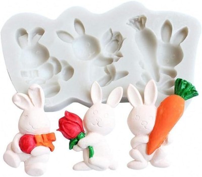 Husaini Mart Paper Fondant & Gum paste Mould 1PC 3 Cavity Rabbit Easter Bunny Fondant Silicone Mold Decoration Tool Chocolate Candy Cake Gumpaste Mold Paper Clay Mold Kitchen Baking Tool(Pack of 1)