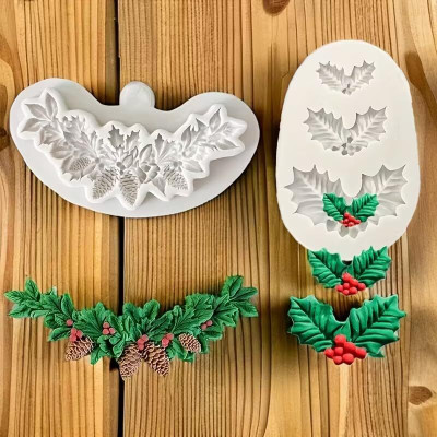 LEGACYCART Silicone Fondant & Gum paste Mould Christmas Acorn Garland and Holly Leaf Silicone Mold Fondant Chocolate Molds Dessert Baking Mold for Christmas Candy Cake Decoration DIY Cupcake Topper Sugar Polymer Clay Craft (Pack of 2)(Pack of 2)