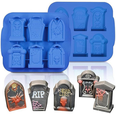 LEGACYCART Silicone Fondant & Gum paste Mould LEGACYCART 6 Cavity Gravestone Mold 3D Tombstone Silicone Halloween Skull Spider Gravestone RIP Mould for DIY Halloween Chocolate Candy Baking Cupcakes Candy Cookies Soap Gummy Halloween Ice Cube Trays(Pack of 1)