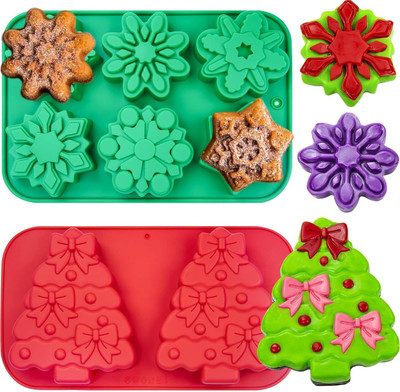 Husaini Mart Silicone Fondant & Gum paste Mould Christmas Silicone Molds Baking Xmas Tree Cake Pan Snowflake Chocolate Molds Holiday Silicone Mould for Candy Mousse Muffin Ice Cube Jello Soap Lotion Bath Bomb Candle Home Decor(Pack of 2)
