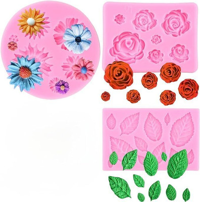 LAGACYCART Silicone Fondant & Gum paste Mould Silicone Flower and Leaf Molds for Cake Decoration - Set of 3, Food-Grade Non-Stick Molds for Fondant, Chocolate, Soap, and Crafts (Multicoloured)(Pack of 3)