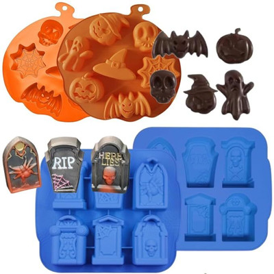 LEGACYCART Silicone Fondant & Gum paste Mould LEGACYCART 6 Cavity Halloween Gravestone And 7 Slot Skull Spiderweb Pumpkin Ghost Gummy Silicone Mould Perfect to Make Chocolate Cake Cupcake Pudding Jelly Resin Gummy Soap Ice Cube Cookie (PACK OF 2)(Pack of 2)