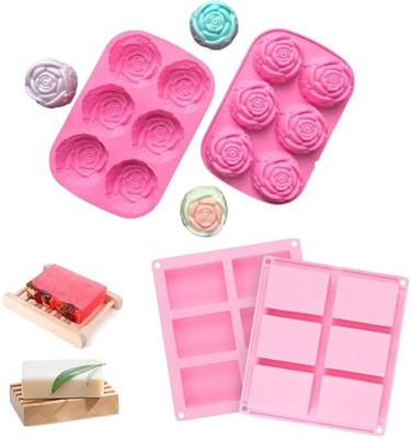 Husaini Mart Silicone Chocolate Mould Skytail 6 Cavity Rose Soap Mould & Rectangle Soap Mold For Soap Lotion Bars Shower Bath Bombs Candle Wax Resin Chocolate Cheesecake Candy Bar Cupcake Ice Cube Cookie Muffin Mousse Dessert Baking Molds(Pack of 2)