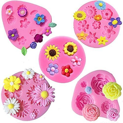 MARHABA TRADERS Silicone Fondant & Gum paste Mould LEGACYCART Silicone Fondant Cake Molds Daisy Rose Chrysanthemum Flower Candy Choclate Mold for Soap Crafting Projects and Cake Decoration (Color: Pink), 8 x 7 x 1.2 Centimeters(Pack of 5)