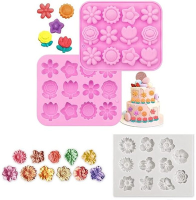 Husaini Mart Silicone Chocolate Mould Skytail 12 Slot Chocolate Flower & 11 Slot Flower Fondant Silicone Mould for Candy Mini Cakes Butter Cupcake Muffin Sugarcraft Gumpaste Jelly Brownie Dessert Soap Candle Wax Ice Cube Tray Clay Resin(Pack of 2)