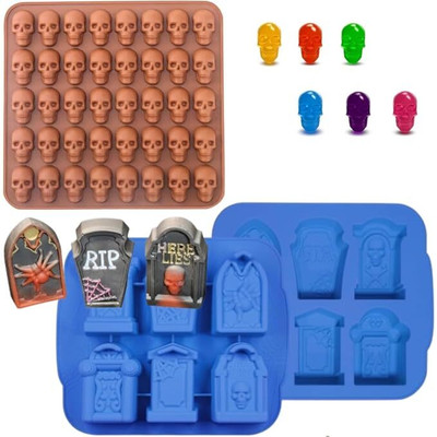 LEGACYCART Silicone Fondant & Gum paste Mould LEGACYCART 6 Cavity Halloween Gravestone and 40 Slot Skull Gummy Silicone Mould Perfect to Make Chocolate Cake Cupcake Pudding Jelly Resin Gummy Soap Ice Cube Cookie (Pack of 2)(Pack of 2)
