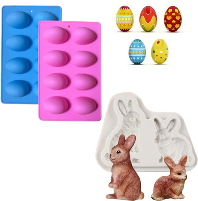 Husaini Mart Silicone Fondant & Gum paste Mould Skytail 2 Cavity Rabbit and 8 Cavity Easter Egg Shaped Silicone Mould for Cake Cupcake Pudding Brownie Jelly Decorating Soap Making Ice Tray Set Candle Decorating Set (Pack of 2)(Pack of 2)
